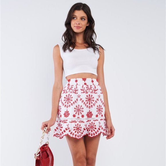 Dresses & Skirts - Red & Wht High Waist Eyelet Embroidered Skirt